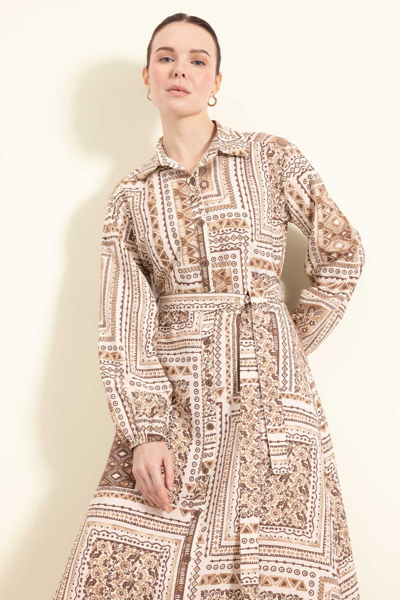 DeFacto Brown Woman Shirt Collar Patterned Aerobin Belted Midi Dress Casual - Image 3